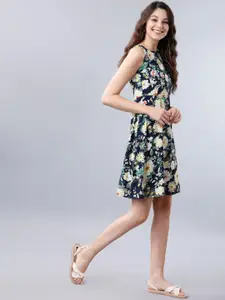 Tokyo Talkies Women Navy Blue Floral Printed Fit and Flare Dress