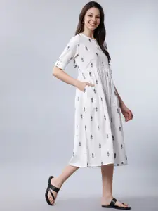 Vishudh Off-White Floral Printed Fit and Flare Dress