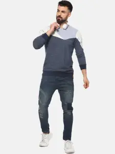 Campus Sutra Men Blue & White Colourblocked Sweatshirt