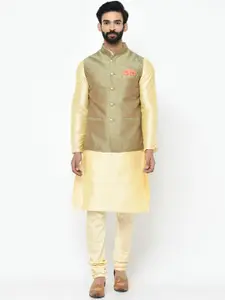 KISAH Men Green & Brown Woven Design Nehru Jacket