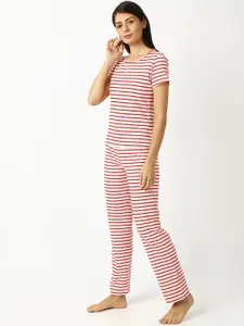mackly Women Off-White & Red Striped Night suit