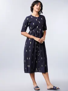 Vishudh Women Navy Blue Self Design Fit and Flare Dress