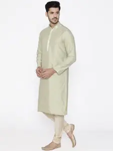 Manyavar Men Green & Beige Self Design Kurta with Churidar
