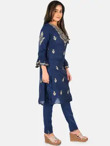 Neerus Women Navy Blue Embroidered Straight Chanderi Silk Kurta