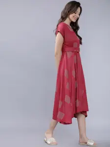 Vishudh Women Pink Checked Fit and Flare Dress