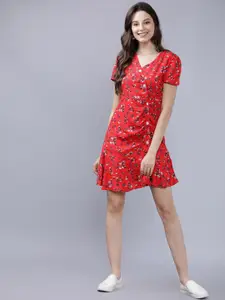Tokyo Talkies Women Red Printed Wrap Dress