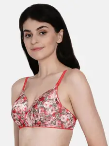 Enamor Women Red Print Padded Non-Wired & High Coverage T-Shirt Bra With Detachable Straps