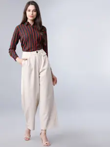 Tokyo Talkies Women Green Striped Casual Shirt