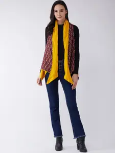 InWeave Women Brown & Yellow Printed Open Front Reversible Fusion Shrug