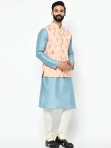 KISAH Men Blue & White Solid Kurta with Churidar & Nehru Jacket