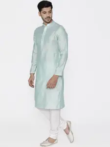 Manyavar Men Blue & White Embroidered Kurta with Churidar