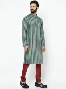 KISAH Men Green & Maroon Striped Kurta with Pyjamas