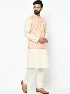 KISAH Men Cream-Coloured Solid Kurta Set with Jacket