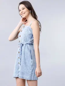Tokyo Talkies Women Denim Blue Solid Fit and Flare Dress
