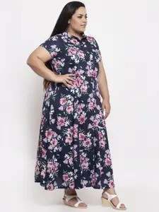 plusS Women Navy Blue Floral Printed Maxi Dress