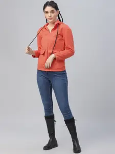 Athena Women Orange Solid Hooded Sweatshirt