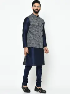 KISAH Men Navy Blue & Grey Solid Kurta with Pyjamas