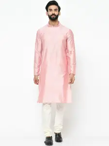 KISAH Men Pink & White Solid Kurta with Churidar & Nehru Jacket