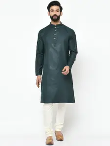 KISAH Men Green & White Solid Kurta with Churidar & Nehru Jacket