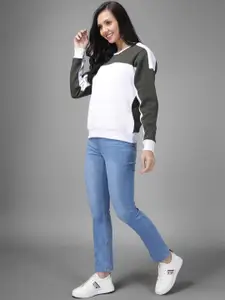 Kotty Women Olive Green & White Colourblocked Sweatshirt