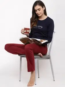 Claura Women Navy Blue & Maroon Solid Night Suit