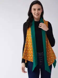 InWeave Women Mustard Yellow & Green Printed Open Front Reversible Shrug