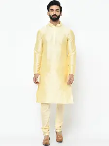 KISAH Men Cream-Coloured & Green Solid Kurta with Pyjamas & Nehru Jacket