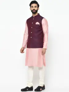 KISAH Men Pink & White Solid Kurta with Pyjamas With Nehru Jacket