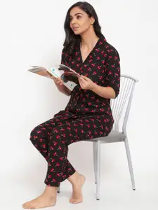 Claura Women Black & Red Printed Night suit