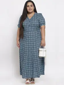 plusS Women Blue & Off-White Printed Maxi Dress