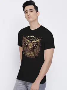 THREADCURRY Men Black Printed Round Neck T-shirt