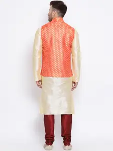 NAMASKAR Men Beige & Orange Woven Design Kurta with Churidar