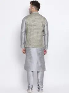 NAMASKAR Men Grey & Silver-Toned Woven Design Kurta with Churidar
