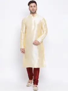 NAMASKAR Men Beige & Peach-Coloured Self Design Kurta with Churidar