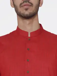 Manyavar Men Red Self Striped Straight Kurta