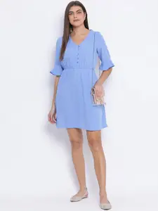 Oxolloxo Women Blue Solid Fit and Flare Dress