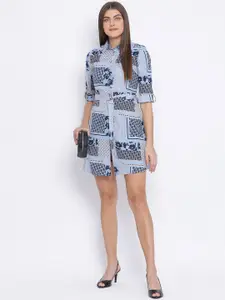 Oxolloxo Women Blue Printed Shirt Dress