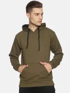 Campus Sutra Men Olive Green Solid Hooded Sweatshirt