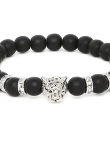 OOMPH Men Black & Silver-Toned Plastic Handcrafted Elasticated Bracelet