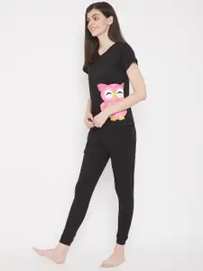 Clovia Women Black & Pink Printed Night Suit