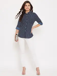 Ruhaans Women Navy Blue & White Regular Fit Striped Casual Shirt
