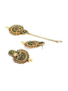 Priyaasi Gold-Plated Green Beaded Kundan Stone Studded Maang Tika & Earring Set