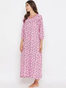Clovia Women Pink Printed Long Maternity Feeding Nighty