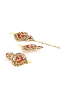 Priyaasi Gold-Plated & Red Kundan Stone-Studded & Beaded Handcrafted Maang Tikka with Earrings