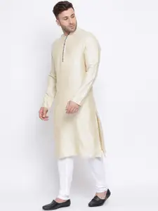 NAMASKAR Men Beige & White Self Design Jacquard Kurta with Churidar