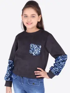 CUTECUMBER Girls Charcoal Grey & Blue Embellished Sweatshirt