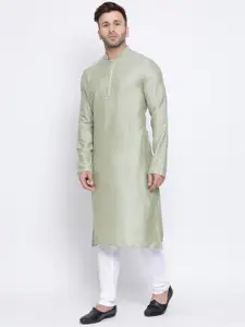 NAMASKAR Men Green & White Jacquard Self Design Kurta with Churidar