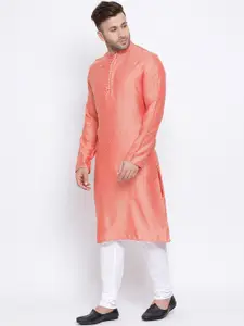 NAMASKAR Men Orange & White Self Design Jacquard Kurta with Churidar