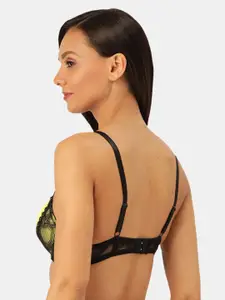 MAKCLAN Yellow & Black Solid Lightly Padded Underwired Lace Plunge Bra-K32010BE