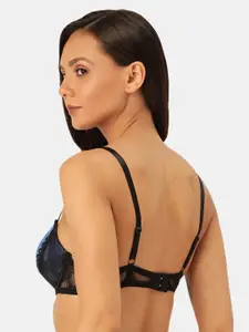 MAKCLAN Blue & Black Solid Lightly-Padded Underwired Lace Bra-K32010BI